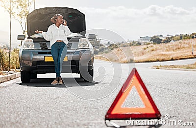 Car problem, stop sign or driver on a phone call frustrated by engine crisis or accident on road or street. Transport Stock Photo
