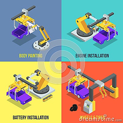 Car production phases. Automated machinery line. Industrial isometric vector illustrations Vector Illustration