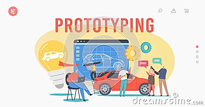 Car Prototyping Landing Page Template. Engineer Designer Characters Perform Automobile Prototype Project Vector Illustration