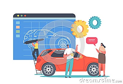 Car Prototyping Process, Transportation Prototype Creation. Tiny Designer Character Painting Huge Model of Automobile Vector Illustration