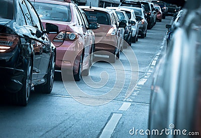 Car queue in the bad traffic road Stock Photo