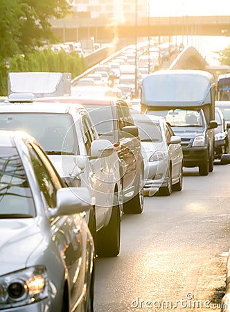 Car queue in the bad traffic road in the very hot weather day Stock Photo