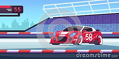 Car race. Cartoon sport competition with fast automobile on start line. High-speed bolide driving on road. Professional Vector Illustration