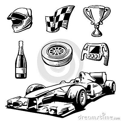 Car race icons set. Helmet, wheel, tire, speedometer, cup, flag, Vector flat illustration on white background. Vector Illustration