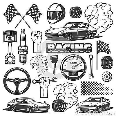 Car racing black isolated monochrome icon set with objects and attributes of automobile, vector illustration. Racing Vector Illustration