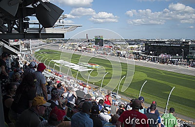 Car racing and fans. Competition at Daytona International speedway. Editorial Stock Photo