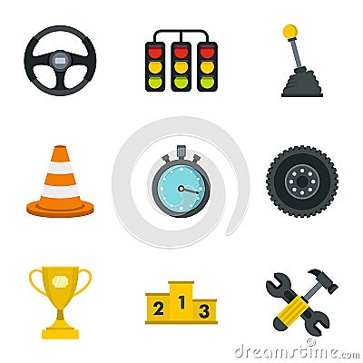 Car racing icons set, flat style Vector Illustration