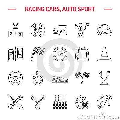 Car racing vector line icons. Speed auto championship signs - track, automobile, racer, helmet, checkers flags, steering Vector Illustration