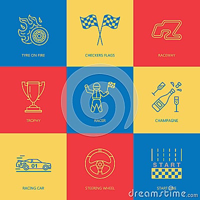 Car racing vector line icons. Speed auto championship signs - track, automobile, racer, helmet, checkers flags, steering Vector Illustration