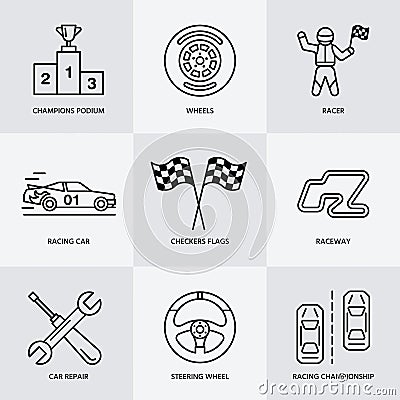 Car racing vector line icons. Speed auto championship signs - track, automobile, racer, helmet, checkers flags, steering Vector Illustration