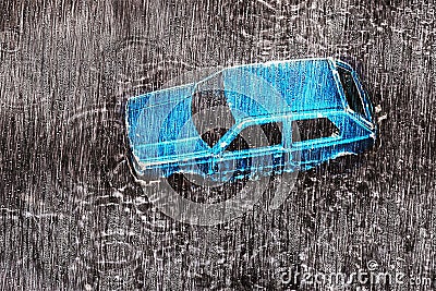 Car during the rain drowns in a huge puddle formed as a result of the flood. Photo effect: water droplets on glass Stock Photo