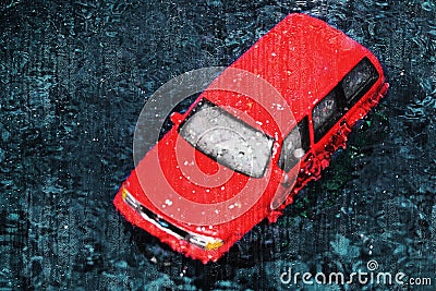 Car during the rain drowns in a huge puddle formed on street as a result of the flood. Photo effect: drops water on window glass Stock Photo