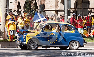 Car at rally demanding independence for Catalonia. Barcelona Editorial Stock Photo