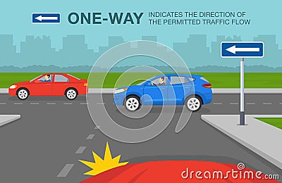 Car is reaching the intersection with one way direction. Sign indicates the direction of permitted traffic flow. Vector Illustration