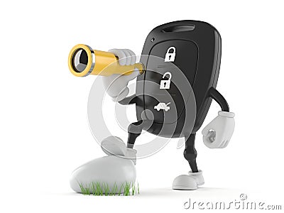 Car remote key character looking through a telescope Cartoon Illustration