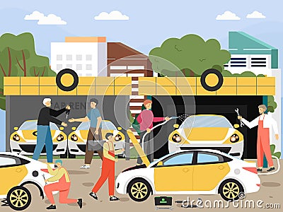 Car rent, wash, tires, repairs, auto mechanic and maintenance service, flat vector illustration. Automotive center. Vector Illustration