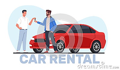 Car rental concept, salon manager gives keys car to client. Automobile sharing service. Rent auto agency. City transport Vector Illustration