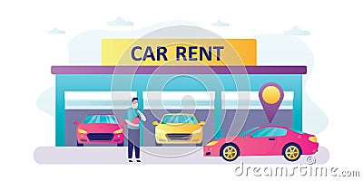 Car rental service. Garage building with modern autos. Handsome salesman or dealer at work. Car sharing or rent. Horizontal banner Vector Illustration