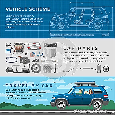 Car repair auto service vector mechanic garage worker career infographic concept. Motorcar parts and happy family Vector Illustration