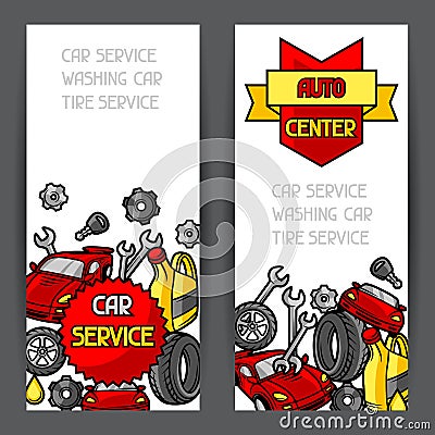 Car repair banners design with service objects and items Vector Illustration