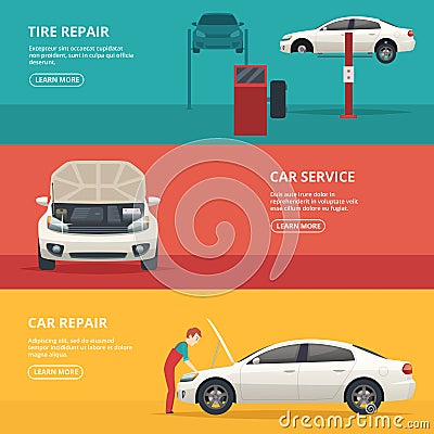 Car repair banners. Workers at automobile workshop service maintenance car with mechanic tools. Vector flat pictures Vector Illustration