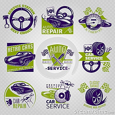 Car Repair In Color Emblem Set Vector Illustration