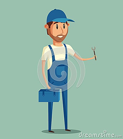 Car repair. Funny mechanic. Vector cartoon illustration Vector Illustration