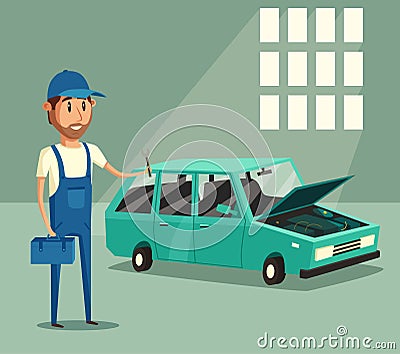 Car repair. Funny mechanic. Vector cartoon illustration Vector Illustration