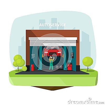 Car repair garage, auto help service center vector with mechanic Vector Illustration