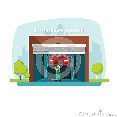 Car repair help garage, auto service center with mechanic working Vector Illustration