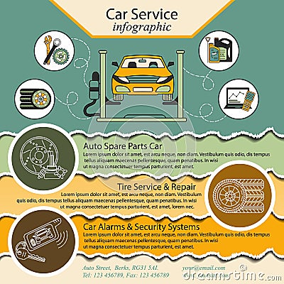 Car repair infographics. Cat service and Tire infographic. Vector Illustration