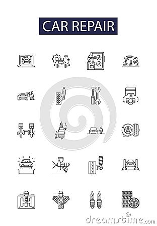 Car repair line vector icons and signs. Towing, Auto, Service, Parts, Diagnosis, Alignment, Brakes, Mechanics outline Vector Illustration