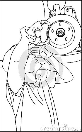 Car Repair. A Mechanic Repairs The Wheel, Hub, Changes The Brake pad. Outline Vector Stock Photo