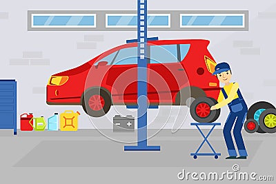 Car Repair Service, Auto Mechanic Character Changing Wheel in Red Car Lifted on Autolifts Vector Illustration Vector Illustration