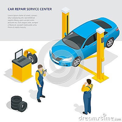 Car repair service center. Tire service flat set with shop car repair mechanics. Flat 3d isometric vector illustration. Vector Illustration