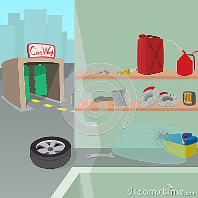 Car repair service concept, cartoon style Vector Illustration