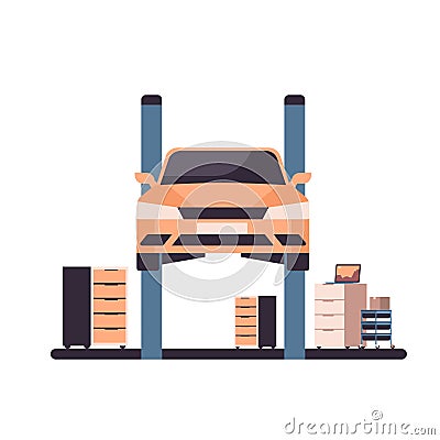 Car repair service concept yellow vehicle raised on lift at maintenance station Vector Illustration