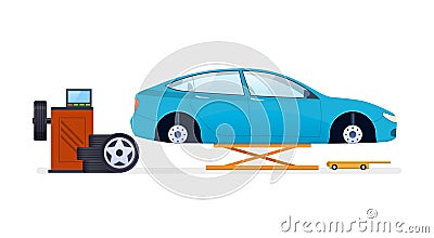 Car repair. Car service. Replacement of tires, wheels, car parts. Vector Illustration