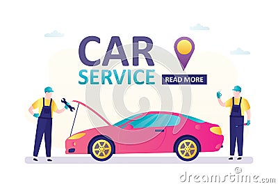 Car repair service. Modern auto and two servicemen with tools. Workers at work, troubleshooting and repair. Horizontal banner Vector Illustration
