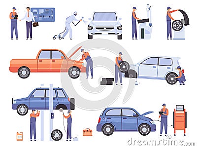 Car repair service workers. Mechanic in automobile workshop change wheels and fix damage vehicle. Cars maintenance Vector Illustration