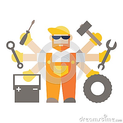 Car repair serviceman with six hands Vector Illustration