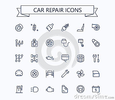 Car repair and services vector outline mini line icons set. 24x24 px. Pixel Perfect. Editable stroke. Vector Illustration