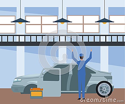 Car repair shop scenery with mechanic and gray car body Vector Illustration