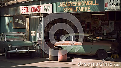 A car repair shop with a sign displaying services offered two generative AI Stock Photo