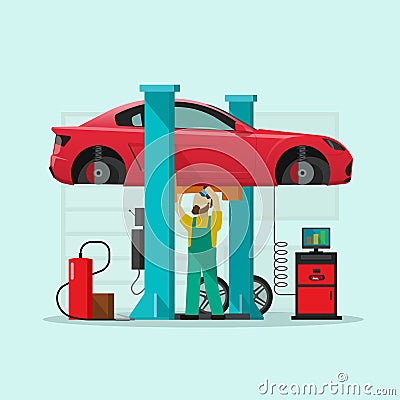 Car repair station vector illustration, mechanic man repairing automobile in workshop garage Vector Illustration