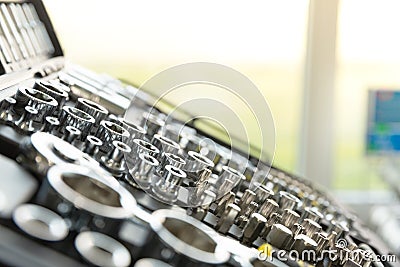 Car repair tools, wrench tool set on a blured background Stock Photo