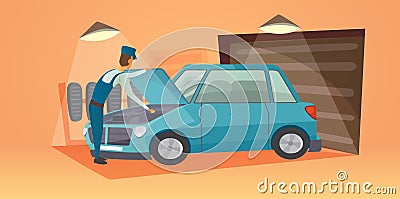 Car repair vector illustration. Workers in car service tire service and auto business. Cartoon garage Vector Illustration