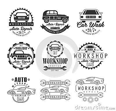 Car Repair Workshop. Classic Style Vector Monochrome Graphic Design Logo Set With Text On White Background Vector Illustration