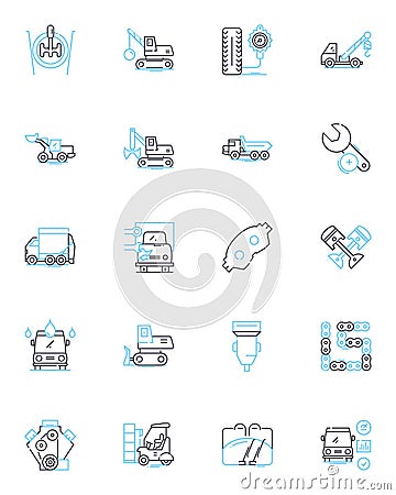 Car repairs linear icons set. Brakes, Transmission, Engine, Suspension, Tires, Battery, Alternator line vector and Vector Illustration