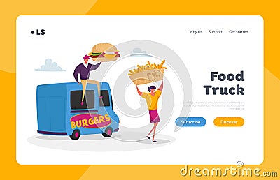Car Restaurant Wagon, Transport on Wheels Landing Page Template. People Buy Street Food, Junk Meals from Food Truck Vector Illustration